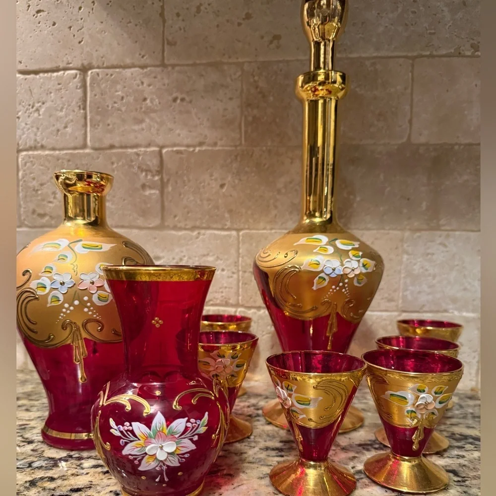 Murano 9 Piece Ruby Red / 24 Karat Signed Set - Tre Fuochi?